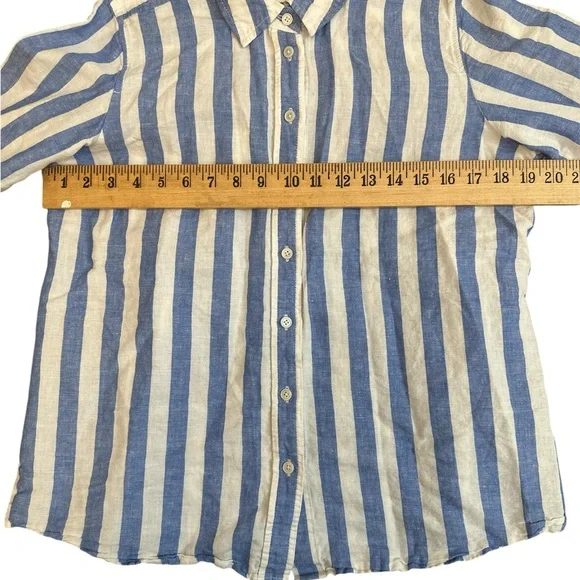 J Crew Linen Shirt M Blue White Stripe Long Sleeve Oxford Collar Preppy Beach - Picture 8 of 8